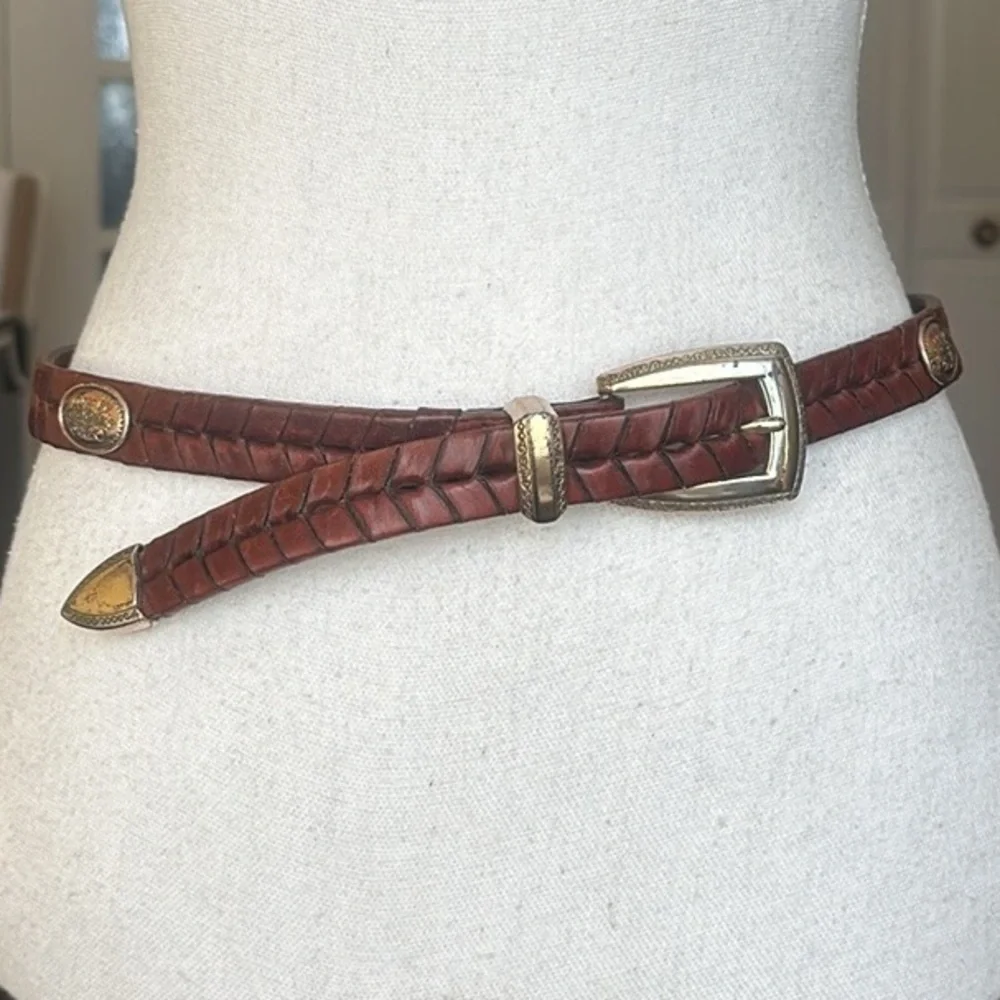Brighton Brown Braided Leather Belt with Metal Medallions Size L